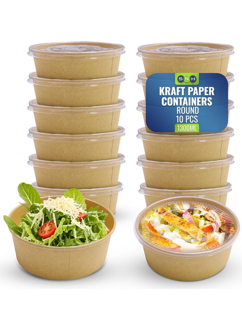 SNH Packing Kraft Salad Bowl 1300ml Bio Disposable Bowl Brown With Lid 10 Pieces - Image 1